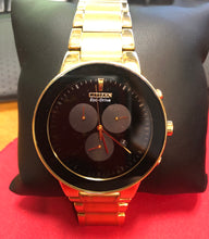 Load image into Gallery viewer, PRE-OWNED  Citizen AT2242-55E Axiom Eco-Drive Gold-Tone Black Chronograph 6''