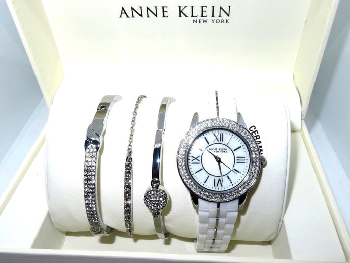 NEW Anne Klein New York 12/2299SVST Stainless Steel Ceramic Watch & Bangle Set