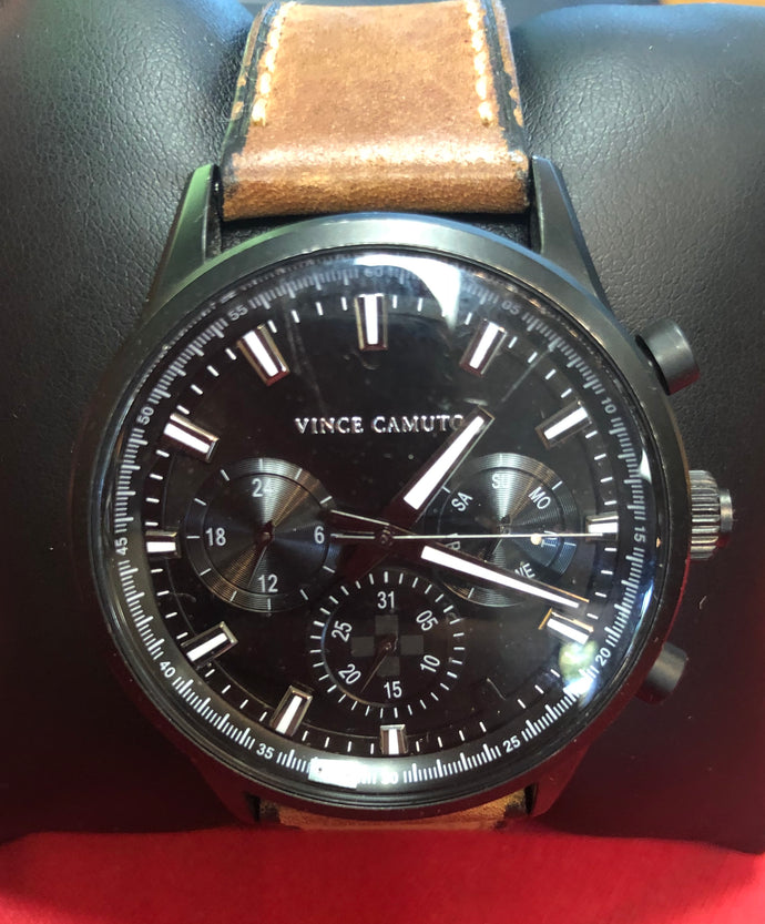 Pre-owned Vince Camuto VC/1096BKBN Men's Chronograph Watch w/ Leather Band