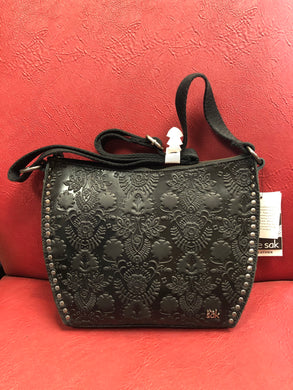 The Sak Leather Saratoga Crossbody, Black Embossed Floral New