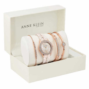 Anne Klein Women's Swarovski Crystal Accented Gold-Tone and Light Pink Ceramic Watch and Bracelet Set