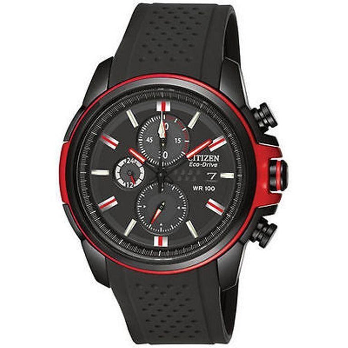 Citizen Eco-Drive CA0425-03E   Black & Red Ion Plated Solar Chronograph FREE SHIPPING