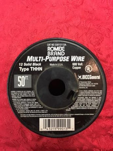 50' Romex Brand 12 AWG Solid BLACK THHN Wire 600 Volts Multi Purpose Used