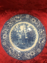 Load image into Gallery viewer, Pre-owned. Liberty Blue Plate Historical Colonial Scenes printed on staff or dshire ironstone made in England