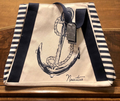 Brand New Nautica Large Canvas Beach Tote Shoulder Bag Cream Navy Blue Anchor