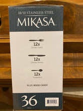 Load image into Gallery viewer, Mikasa Hamilton 36-Piece 18/10 Stainless Steel Flatware Set+wood caddy