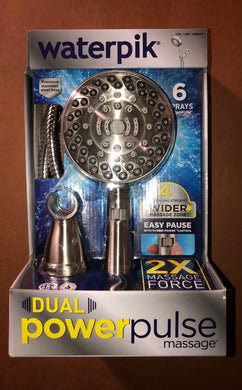 New  Waterpik Dual Power Pulse Massage Shower Head - 6 Sprays Setting(Brushed Nickel)new OB