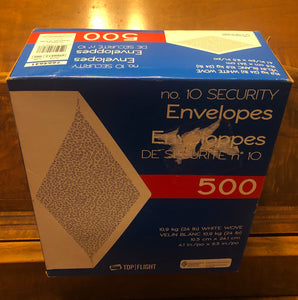 New 500 Top Flight No. 10 Security Envelopes White Wove 24 lb. 4.1" X 9.5"