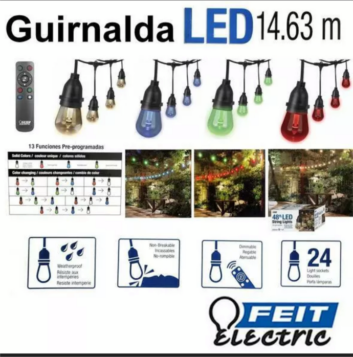 Pre Owned Feit 48ft 24 LED RGB Outdoor Weatherproof Color Changing String Light Set NO Remote