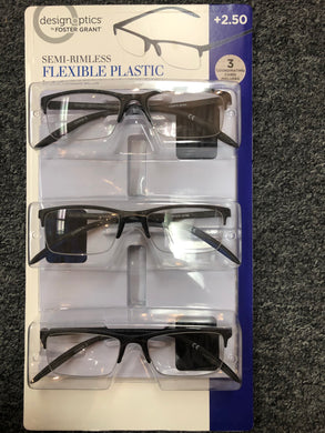 Design Optics by Foster Grant semi-rimless flexible classic Reading Glasses 3-pack/2.50