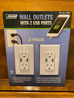 New Fiet Electric USB 3.4 Amps Wall Outlet W/ 2 USB Ports White Screwless Plate NEW