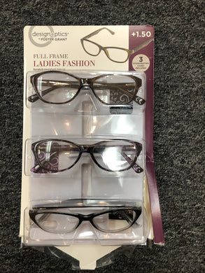 Design Optics Foster Grant Full Frame Ladies Fashion +1.50 Reading Glasses 3Pk