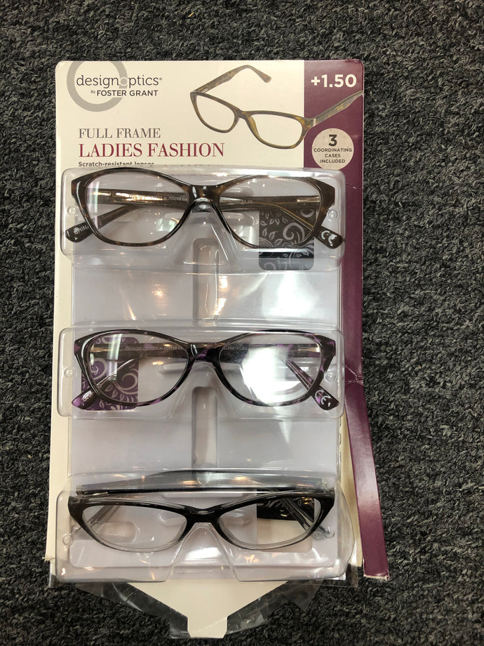 Design Optics Foster Grant Full Frame Ladies Fashion +1.50 Reading Glasses 3Pk