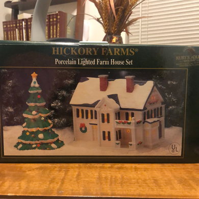 1998 Hickory Farms Porcelain Lighted Farm House Set W/Xmas Tree