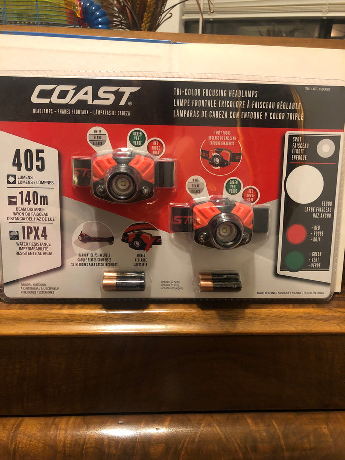 COAST 2 Pack - Tri Color Light Focusing LED Headlamps Lights IPX4 Water Resistant