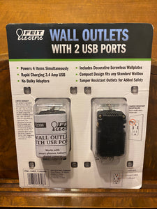 New Fiet Electric USB 3.4 Amps Wall Outlet W/ 2 USB Ports White Screwless Plate NEW