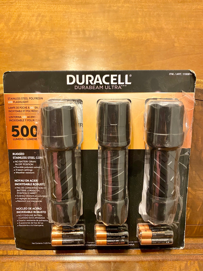 New open box Duracell Durabeam Ultra LED Flashlight 500 Lumens, 3 Count with detail