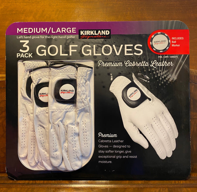 New Kirkland Signature Men's Leather Medium/Large Golf Gloves with Ball Marker, 3 Pack