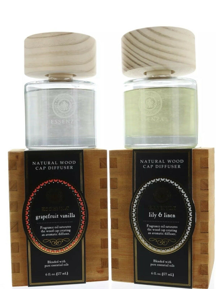 Essenza Natural Wood Cap Diffuser Variety 2 Pack Grapefruit Vanilla & Lily Linen