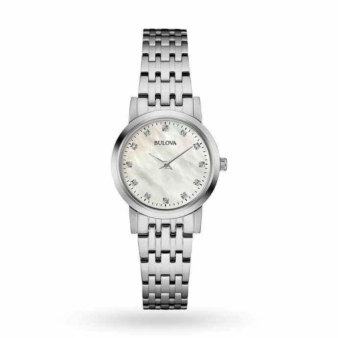 Bulova Women's 96P175   27mm Mother of Pearl w/ 12 Diamond Dial Stainless Steel Watch free shipping